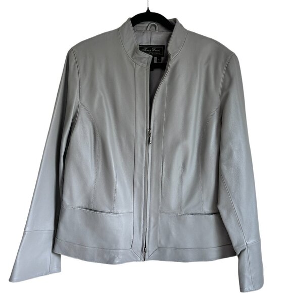 Terry Lewis Sleek Minimalist Style in Light Gray Leather Jacket Sz L - Picture 1 of 12